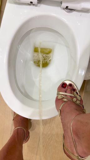 I pee standing up in a beautiful dress with a chic pedicure with high heels. A gift for all lovers of toilet themes. Pee in your mouth?