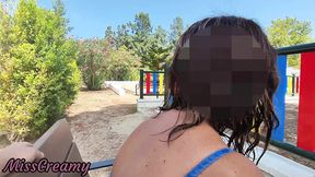 Amateur cutie caught helping jerk off and cum on her rack in public park