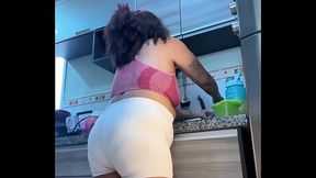 Gassy Chubby Girlfriend Washing Dishes Natural Loud Farts in Tight Shorts