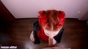 Amateur redhead babe in Chinese cosplay and high heels gives a POV blowjob