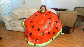 BBW Nurse Vicki Blowing up a Huge Plastic Float That Looks Like a Water Melon Slice