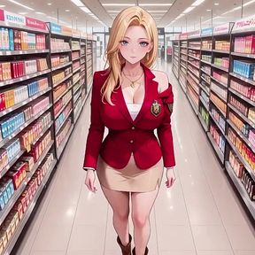 Red Suit Blonde From Supermarket Stroll to Lazy Orgasm, She Even Puts Her Legs up on the Desk?