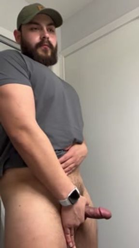 Beefcake Hunk Jerks off Thick Dick with Cockring and shoots his load on the counter