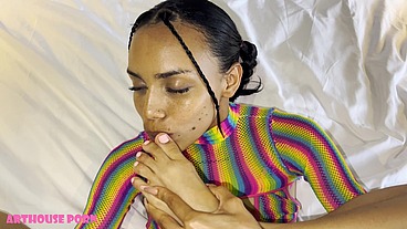 Tiny Colombian Girl Violeta Grey Giving Oily Footjob and Footblowjob After Self Foot Worship