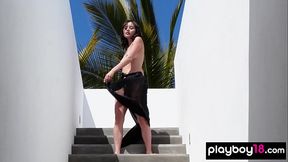 Shy newcomer asian teen KJ Carter stripping and posing nude for Playboy