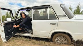 CAR STUCK Stuck in a puddle and pushing a stuck car in high heels