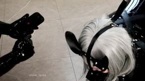 Rubber puppy is connected to a thick leash for a friendly walk ?