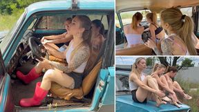 Three beauties are going to the festival in Chloe's old car