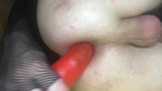 Tranny fucking herself with the big red dildo Extreme anal challenge