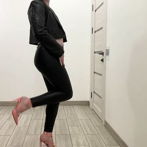 Office secretary tranny slut in leather skinny trousers