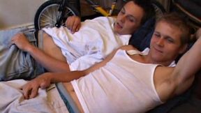 Lucas joins Gunner who is back watching a porn video. After they stroke up their boners, Gunner and Lucas exchange blow jobs. Then Gunner turns Lucas over and fucks his tight ass until Lucas blows a huge cum load onto his belly.