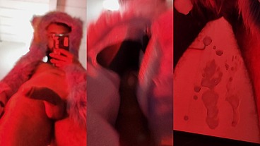 Red fluffy devil with a big uncut cock fills the mirror with cum