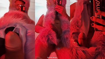 Red fluffy devil with a big uncut cock fills the mirror with cum