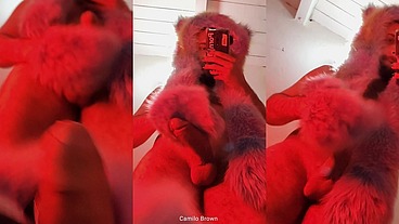 Red fluffy devil with a big uncut cock fills the mirror with cum