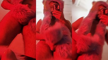 Red fluffy devil with a big uncut cock fills the mirror with cum