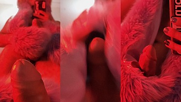 Red fluffy devil with a big uncut cock fills the mirror with cum