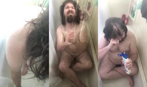 Slippery when wet needy chubby peeper gets his big belly drenched