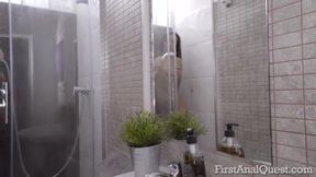 Ukrainian beauty Veronica Clark gets her tight teen booty gaped with dildo in shower. She takes cock in ass. After assfucking POV style, ex-ass-virgin earns her reward – a massive cum load on her ass.