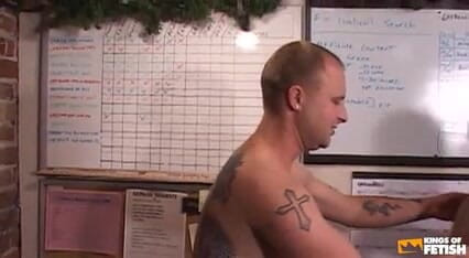 Tattooed guy pounds his colleague tight ass at work