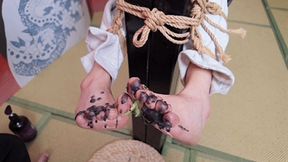 xr37-The girl tied to the stool had her feet tickled.