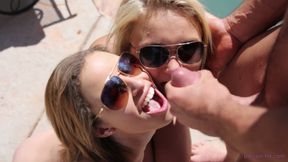 Pretty teeny babes Natasha and Dakota share cock by poolside