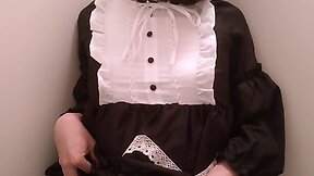 Japanese femboy in maid outfit uses vibrator for pleasure