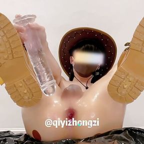 Cowboy boy plays with big cock toy and squirts in asshole