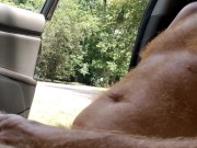 Naked hairy ginger playing with dick while a guy watches and a guy passes on a motorcycle