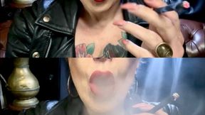 Close-up - Black cigarette - Genuine leather jacket - Audible inhalations, Deep Inhales, Mouth Inhales and open mouth exhales, Multiple pumps, Nose exhales, Red lipstick