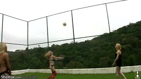 Volleyball and fun in string bikinis: four trans women play and have fun
