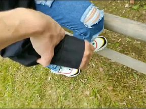 Stranger Brunette in the Public Park Accepts to Touch that Cock for $10. (Risky Sex)