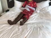 Zentai in mandarin dress with satin gloves