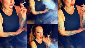 Powerful Smoke - Stepmother in leather, high heels and a ponytail, blowing smoke in your face - Newport Menthol