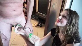 BDSM girl slap his balls