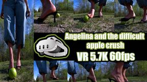 VR 5,7K 3D Virtual Reality - Angelina and the hard apple that's almost impossible to crush She tries barefoot, with her sandals, and her weight, but the apple remains steadfast until the end