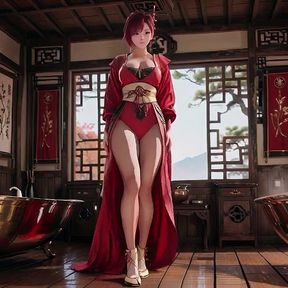 Red-haired Goddess in Oriental Seduction! the Ultimate Contrast Between the Chinese Pavilion and the Pristine White Bathroom.