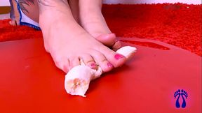 Italian feet steps on creamy banana