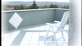 Jasmine Rouge masturbates on the terrace, then gives her neighbor a deepthroat blowjob