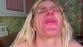 Degrade my face with spit, snot and slap,show my throat and nose