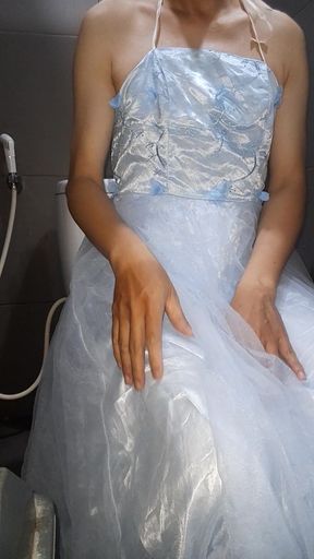 Crossdresser Cumshot Wearing Blue Bridesmaid Dress