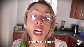 Watch Alix Vlogs go wild as she pounds vegetables in the kitchen while moaning loudly
