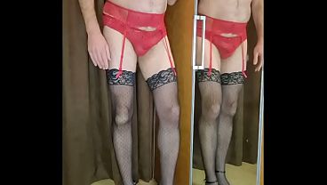 Man wearing Red Garter Lingerie set and jerks off in it