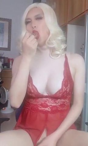 Sissy Maggie - cum with fake breast