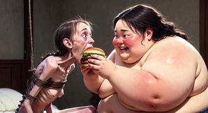 Skinny Girl Getting Fed by Huge Fat Woman - Contrast Feeding Fetish