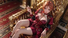 Red Queen on the Golden Throne! Deep Velvet Gown, Lazy Chin Rest, and a Gaze That Locks Onto You. Is She a Ruler or Prey?