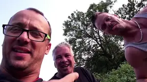 Big ass brunette enjoying in hard threesome outdoor fuck