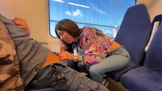 Shameless girl seduced a guy on the train and gave him a blowjob in public