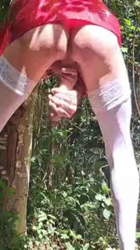 Big Cumshot in the Woods Mini Latex Skirt White Stockings and Pink Heel
