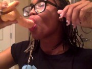 Tranny sucks a 5 inch dildo