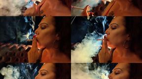 Close-up - Smoking in dim light - Residual exhales - Coughing with residue - Dunhill Menthol 100